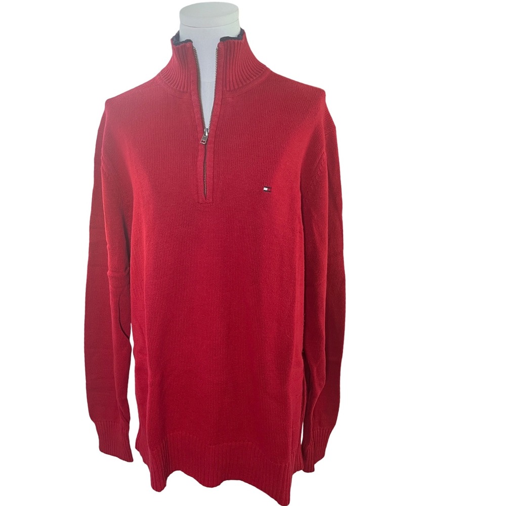 Quarter Zip Mock Neck Sweater Red Tommy Hilfiger Mens Pullover  Preppy‎ M